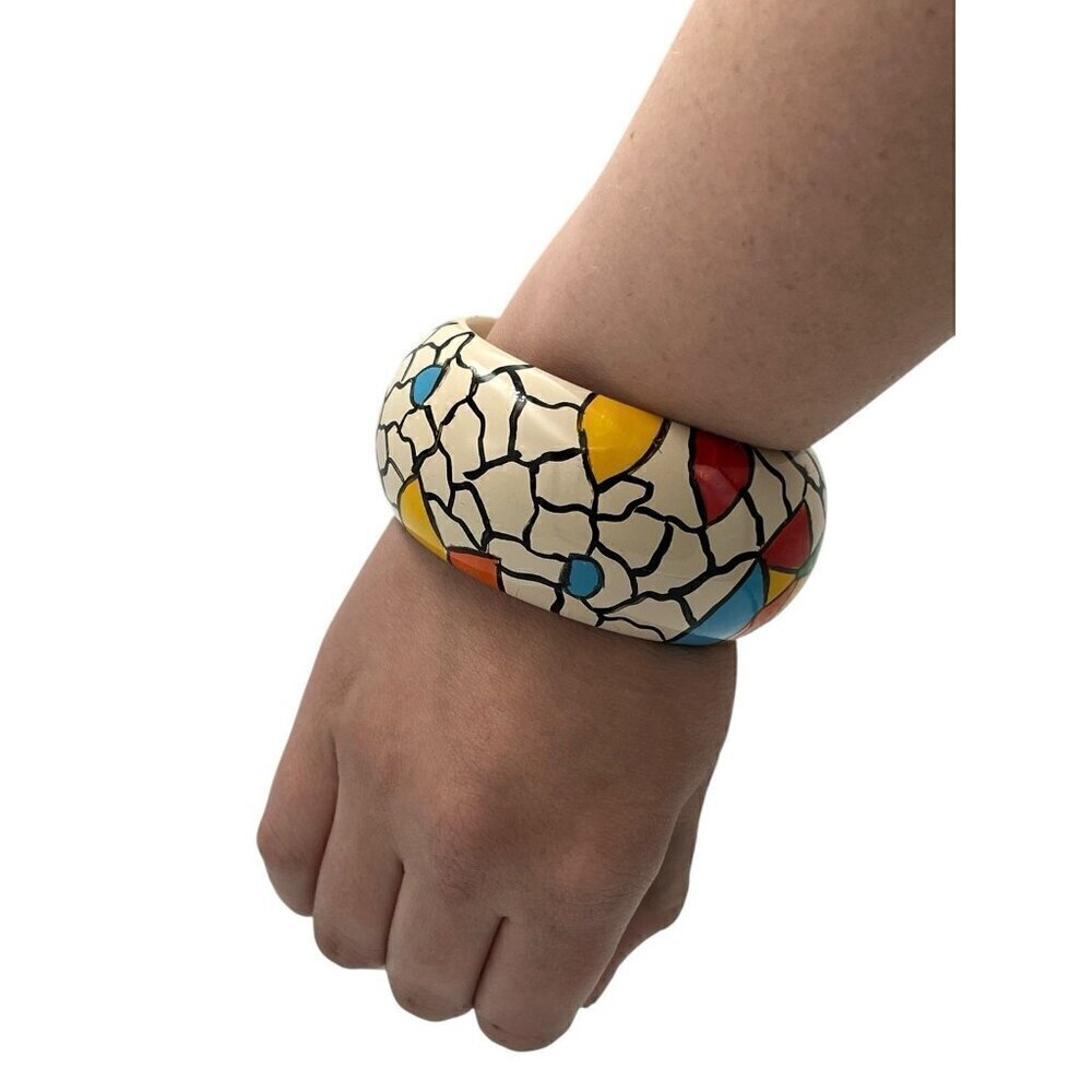 Vtg Bangle Bracelet Artisan Hand Painted Wood Geometric Crackle Retro 80s 90s